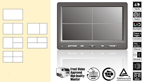 Monitor 7 Zoll für Kamera, quad Bild, 12-24V